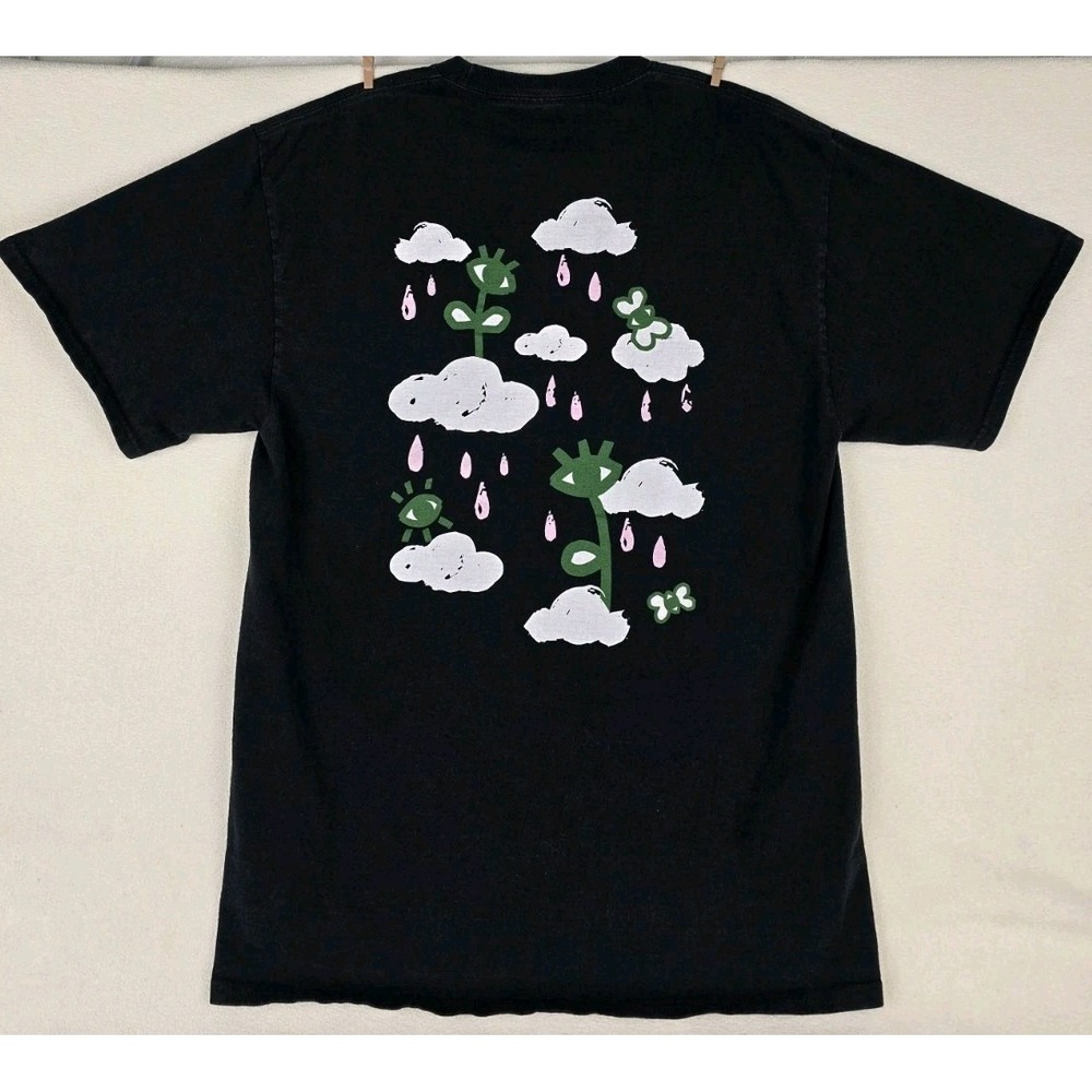 Monet Skateboards Mens Sz M T-Shirt Black Rain Graphic Double Sided Eyes‎ Clouds